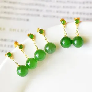 Boucles d'oreilles pendantes en argent incrusté d'épinards verts, Design Original, perles rondes en jaspe Hetian, bijoux frais chinois simples pour femmes
