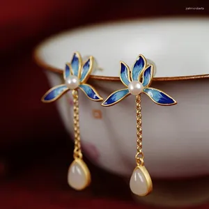 Boucles d'oreilles pendantes en porcelaine, perle de Jade Hetian, en forme de goutte, Design créatif Antique, bijoux en argent pour dames
