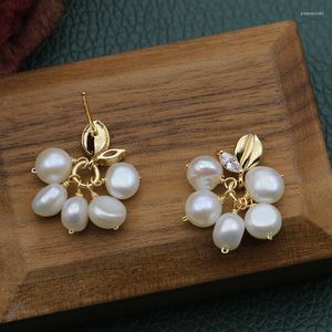 Boucles d'oreilles pendantes originales faites à la main, argent 925, or rempli de perles d'eau douce naturelles, brillant, cristal de raisin, pompon pour dames, vente directe