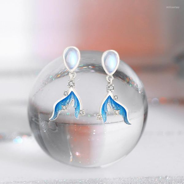 Pendientes colgantes Original Moonlight Stone Beauty Fishtail para mujeres 925 Sterling Silver Sweet Simple Temperament