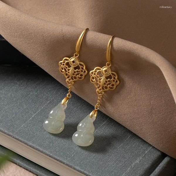 Pendientes colgantes originales de Jade Natural para mujer, artesanía de oro antiguo de alto nivel, forma de calabaza Ruyi clásica, regalo de joyería de boda