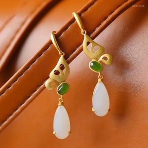 Pendientes colgantes Original Natural Hetian Blanco Jade Mariposa En forma de gota Estilo chino Retro Diseño minoritario Joyería de invierno para mujer