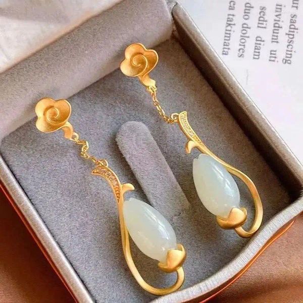 Boucles d'oreilles pendantes originales en argent sterling S925 naturel Hetian Jade Orchidée Antique Style chinois Classique Super Fée Rétro Femme