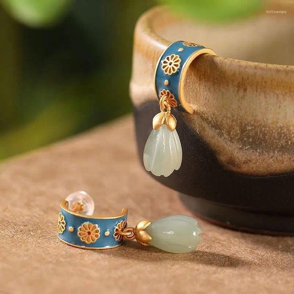 Pendientes colgantes S925 S925 STERLING Silver Goldping Oil Hetian Jade Ancient Style Creative Upcale Personalidad Magnolia