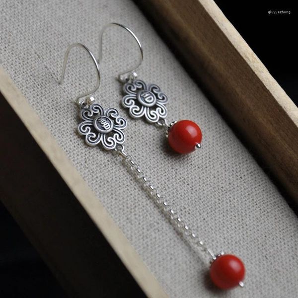 Boucles d'oreilles pendantes originales vintage en argent incrusté de tourmaline rouge du sud pour femmes asymétriques style ethnique joie bijoux de mariage de bon augure