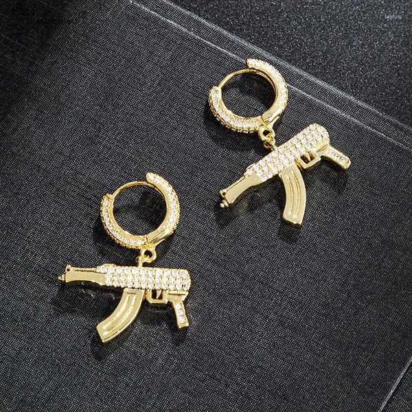 Boucles d'oreilles pendantes Hip Hop 1 paire Zircon Gun bijoux boucle d'oreille couleur or Micro pavé plein Bling CZ pour hommes Punk