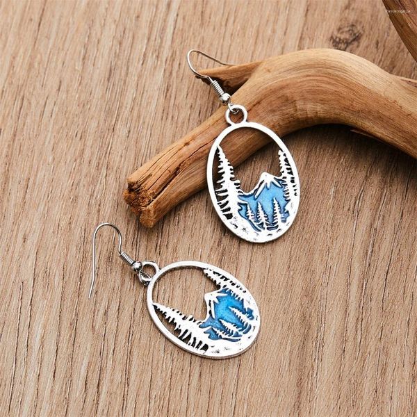 Boucles d'oreilles en peluche gouttes de couleur argentée ovale pour les femmes rétro creux en creux et bijoux de montagne