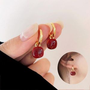 Boucles d'oreilles pendantes Ovxxons 1 paire de velours rouge rétro Style Port un deux vêtements carrés élégants vin tout en haut