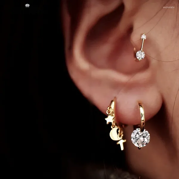 Pendientes Colgantes PANAOBEN Plata De Ley 925 Para Mujer Moda Estrella Y Luna Exquisito Aro Perforado De Cristal De Circón