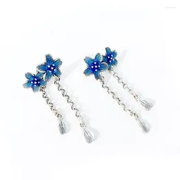 Boucles d'oreilles pendantes Style Pastoral en argent 925, boucles d'oreilles en émail, deux pompons de fleurs bleues pour femmes, Vintage, bijoux de fête exquis