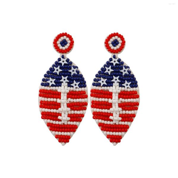 Pendientes colgantes con cuentas patrióticas, bandera americana/fútbol/borla de estrella roja, azul y blanca para mujer, joya adornada con semillas