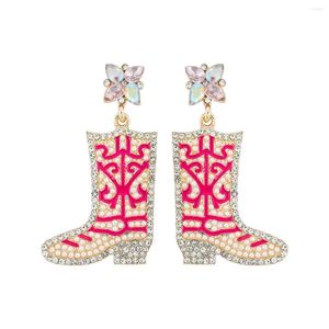 Boucles d'Oreilles Pendantes Pave Cowboy Boot Drop Pour Femme - Bleu Ciel/Rose Western Nashville Cowgirl Avec Strass