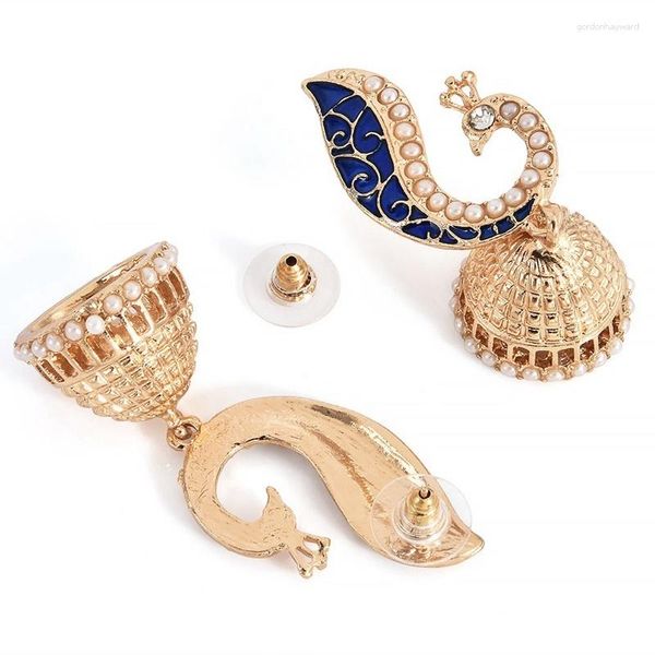 Pendientes colgantes, colgante con forma de campana de pájaro pavo real, accesorios con incrustaciones de cristal de Metal a la moda para mujer, joyería de fiesta