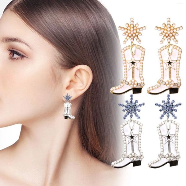 Boucles d'oreilles pendantes en perles, botte de Cowboy, goutte de strass brillants, étoile fleur de neige, accessoires bijoux de Costume