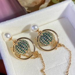 Pendientes colgantes bola verde perla de doble cara multifacético 925 cadena de aguja de plata borla incrustada para joyería de mujer