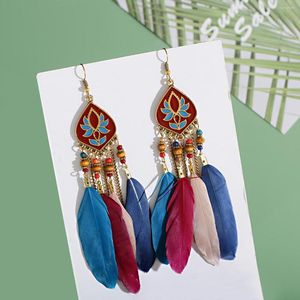 Bengelen oorbellen Pendiente Gypsy Long Feather Summer Woman's kleurrijke lotus chian oorrang charmes Tibetaanse sieraden