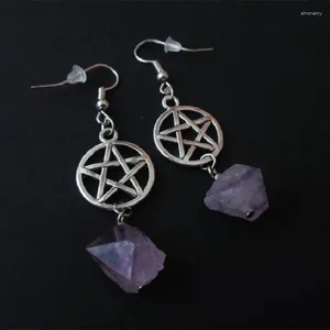 Boucles d'oreilles pentagramme sorcière cristal violet naturel pierre brute boucle d'oreille guérison goutte larme déclaration bijoux femmes cadeau de mariage