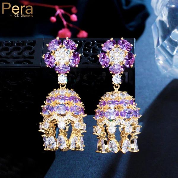 Pendientes colgantes Pera estéticos Cristal púrpura Color dorado borla larga campanas gota para mujer joyería para fiesta y boda regalo E856