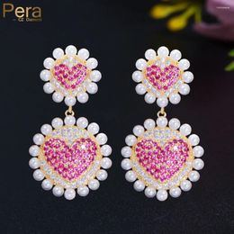 Boucles d'oreilles pendantes Pera romantique amour coeur charme CZ couleur or longue ronde goutte autour de perles simulées bijoux de fiançailles pour les femmes E787