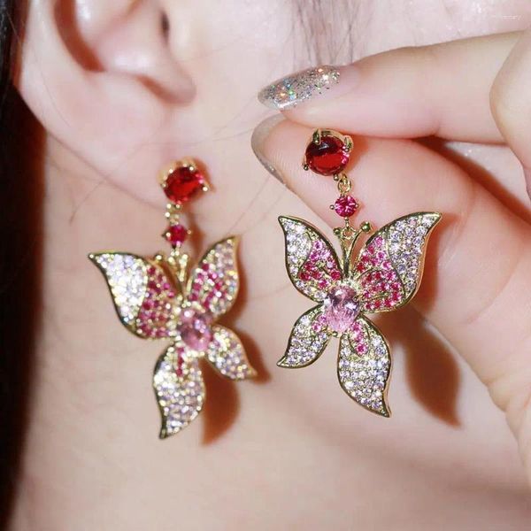Boucles d'oreilles pendantes Pera romantique rouge zircon cubique grand papillon rose goutte longue pour dames Costume bal fête bijoux E625