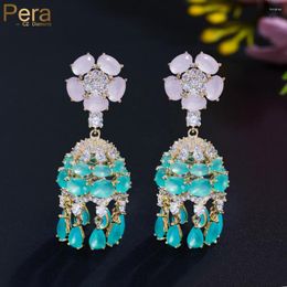 Dangle Oorbellen Pera Vintage Wind-Bell CZ Crystal Roze Bloem Lange Tassel Lichtblauw Water Drop Oorbellen Voor Vrouwen Party sieraden Accrssories