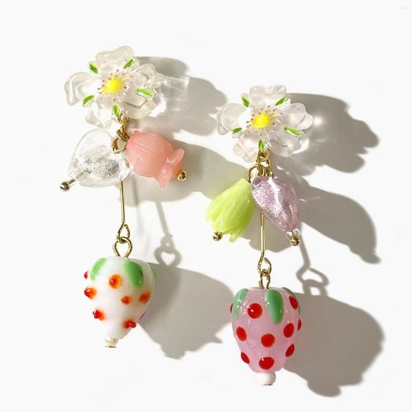 Pendientes colgantes Peri'sbox lindo resina Floral amor corazón fresa para mujeres Kawaii chapado en oro fruta comida joyería regalos