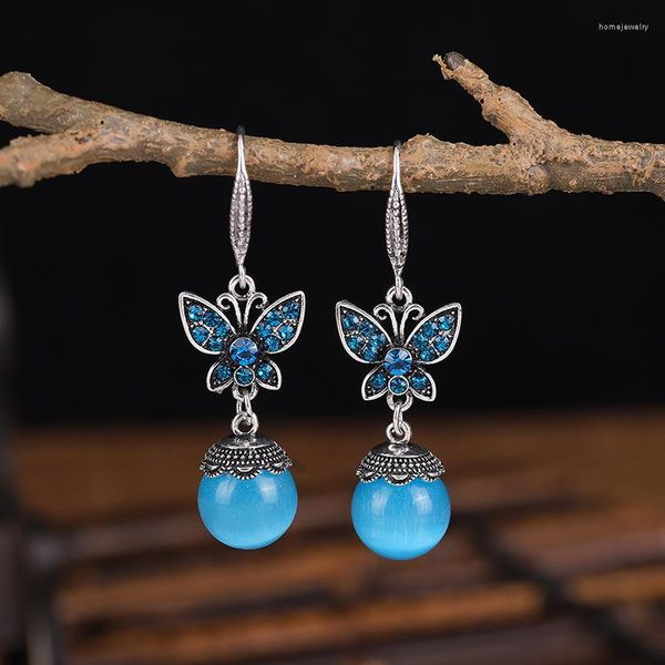 Pendientes colgantes personalidad ópalo Retro para mujer mariposa Diamante temperamento estilo étnico joyería