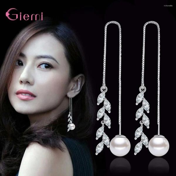 Boucles d'oreilles pendantes personnalité à la mode en argent Sterling 925 zircon cubique Long gland goutte femmes fille luxe feuille perle boucle d'oreille bijoux