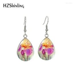 Boucles d'oreilles pendantes Phalaenopsis fleurs d'orchidées cabochon en verre bijoux artisanaux goutte d'eau