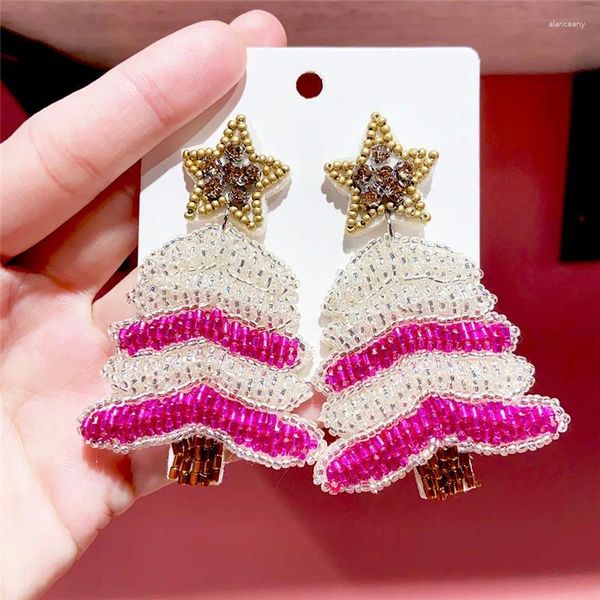 Pendientes colgantes Árbol de NAVIDAD ROSA con cuentas adornadas para mujeres Accesorios para publicaciones navideñas