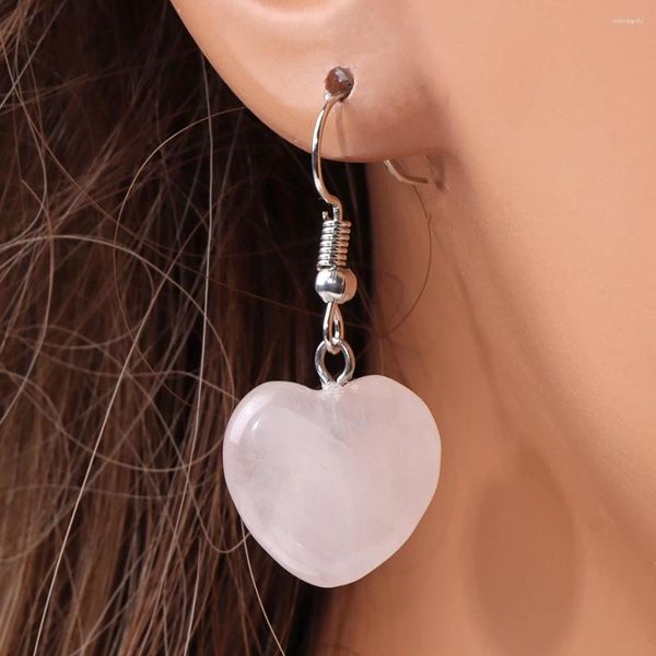 Pendientes colgantes con forma de corazón de cristal rosa, colgante de piedra natural, forma de cuarzo rosa, joyería para mujeres y niñas