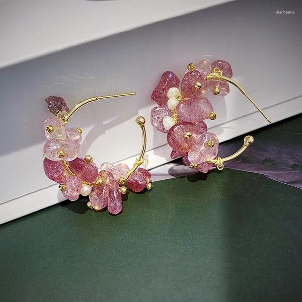 Pendientes colgantes de aro de cristal rosa para mujer, tendencia 2024, piedras irregulares de Color Natural granada, joyería de lujo para Festival