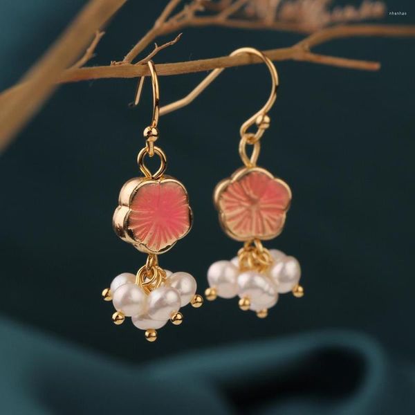 Boucles d'oreilles pendantes fleur rose petit Vintage délicate perle d'eau douce goutte ethnique cloisonné Style chinois bijoux pour femmes