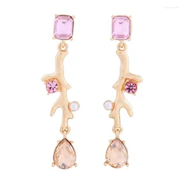 Dangle Oorbellen Roze Glas Kristal Drop Tak Voor Vrouwen Bohemen Romantische Carrière Handgemaakte Sieraden Accessoire Charmant Cadeau