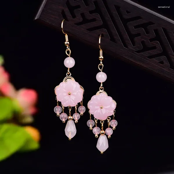 Pendientes colgantes Flor de Jade rosa tallada talismanes Vintage amuletos de mujer moda 925 Plata de lujo Jadeíta Calcedonia joyería Natural