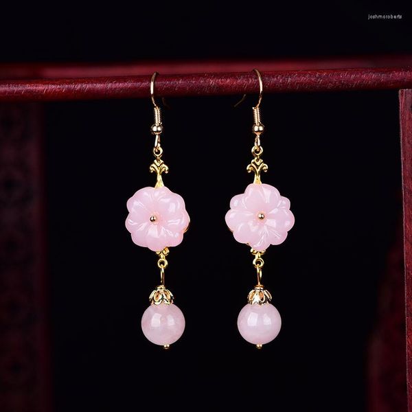 Pendientes colgantes Flor de jade rosa Moda 925 Plata Joyería de encanto chino Piedras preciosas talladas naturales Regalo Mujeres Piedra vintage Lujo