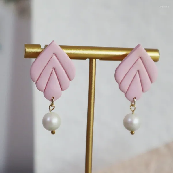 Boucles d'oreilles pendantes en forme de feuille rose pour femmes, pendentif en perle géométrique, fait à la main, en argile polymère, bijoux, accessoires, cadeaux