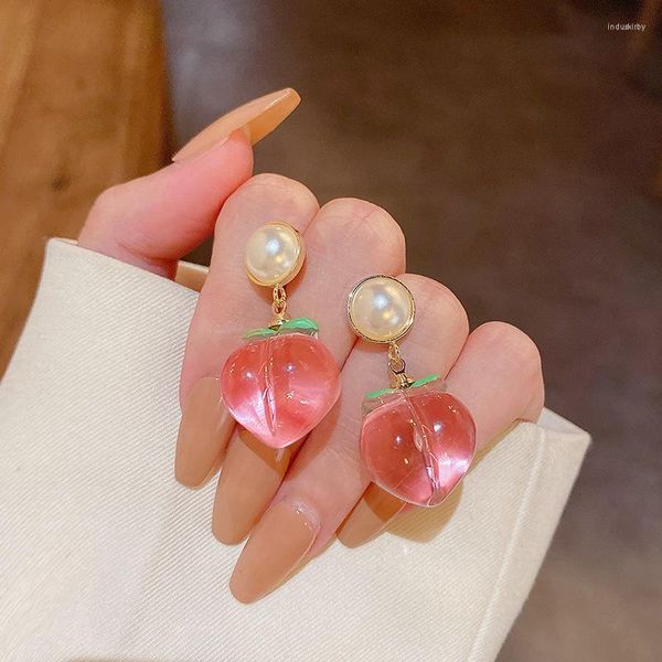 Boucles d'oreilles pendantes rose pêche perle 2023 tendance femmes coréen petit frais mignon été résine Design fille bijoux
