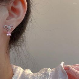 Boucles d'oreilles en peluche zircon rose zircon et boucles d'oreille en deux pièces S925 Silver Needle Love Korean Version