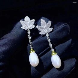 Boucles d'oreilles pendantes en argent Sterling 925 avec perle d'eau douce naturelle, avec feuille d'érable cubique, bijoux fins pour femmes, usage quotidien