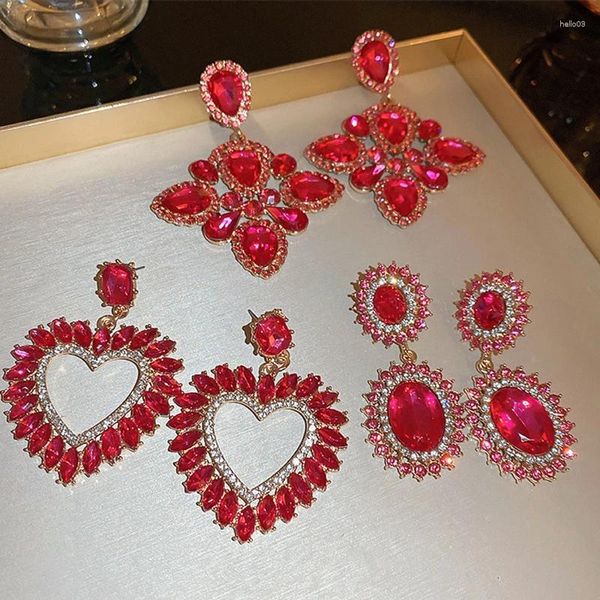 Boucles d'oreilles pendantes série rouge prune, longue goutte pour femmes, tendance de luxe, cœur géométrique, cristal, bijoux de fête, 2024
