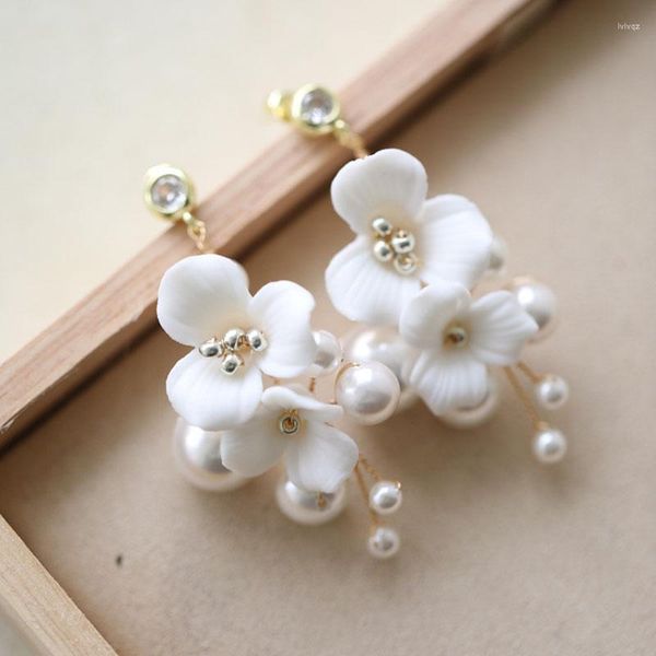 Pendientes colgantes de flor de porcelana, perlas nupciales, joyería de boda, Color dorado y plateado, pendiente de gota hecho a mano para mujer