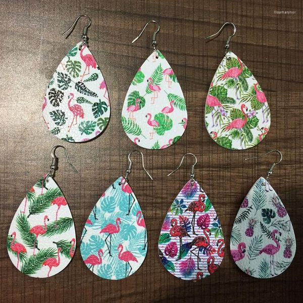 Pendientes colgantes con estampado de palmera, piña, árbol Monstera, flamenco, lágrima de piel sintética para mujer, joyería de moda de verano, venta al por mayor