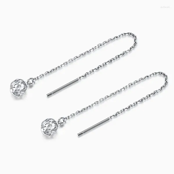 Boucles d'oreilles pendantes PT950 véritable platine pur 950 pour femmes, perles rondes sculptées, chaîne à maillons O, 1.7g