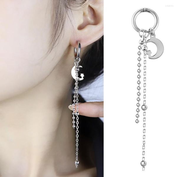 Boucles d'oreilles pendantes Punk Hip Hop Rock bijoux 1pc étoile lune pendentif pour femmes en acier inoxydable longue chaîne de perles gland Pendientes