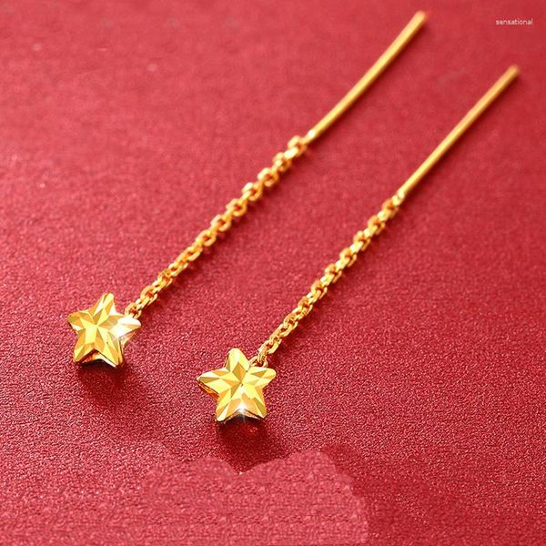 Boucles d'Oreilles Pendantes Or Jaune 24K Pur Femme 999 Star Link Long