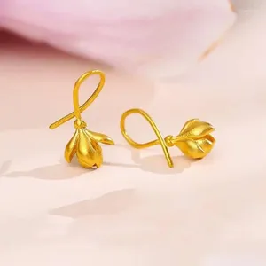 Boucles d'oreilles pendantes en or jaune pur 999 24 carats pour femmes, fleur
