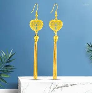 Boucles d'oreilles pendantes pur cuivre mariage Imitation 24K or gland mariée Double bonheur mot tempérament bijoux de fête