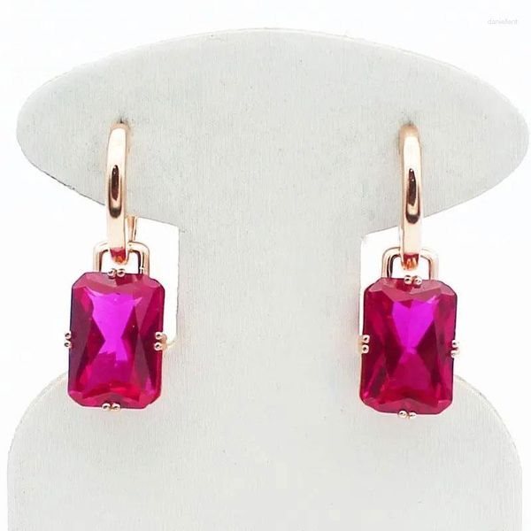 Pendientes colgantes Ruso puro 585 Chapado en oro púrpura 14K Color con incrustaciones Cuadrado Piedra roja Estilo occidental Diseño clásico