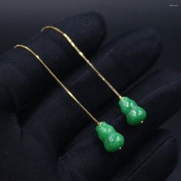 Bengelen oorbellen pure s925 sterling zilveren druppel voor vrouwen groene jade gourd hook